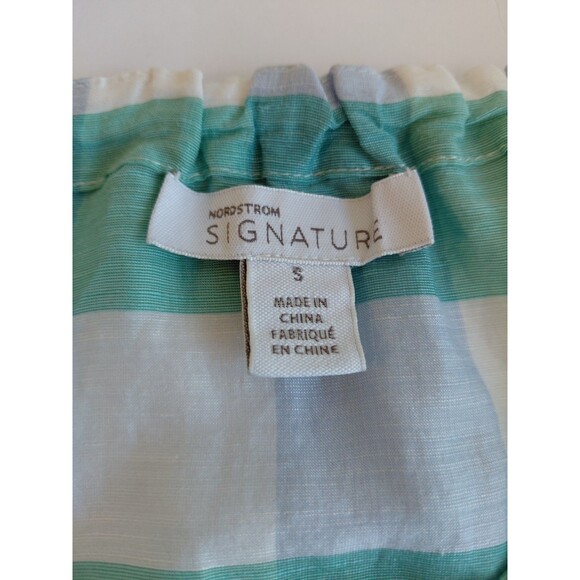 Nordstrom Signature Size S Linen Blend Green Checkered Blouse w/Ribbon Tie - Picture 4 of 9